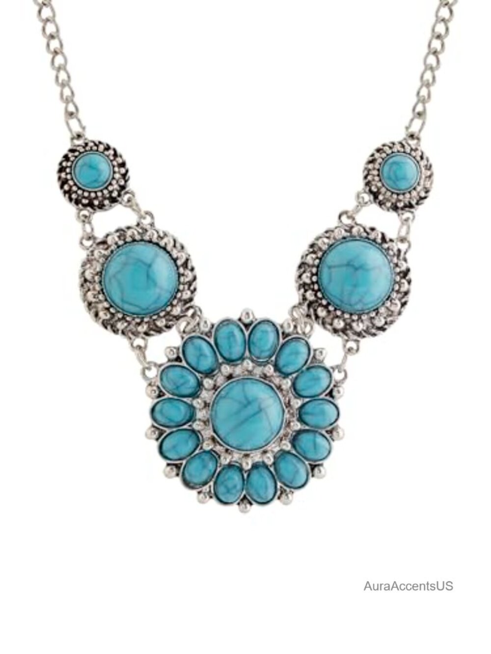 Boho Turquoise-Tone Stone Flower Medallion Statement Necklace Silver-Tone
